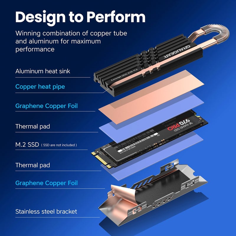 GRAUGEAR Heat Pipe Cooler for M.2 SSD Memory Extension, M.2 2280 NVMe SSD Heatsink, Pure Copper Heat Pipe, Premium Aluminum Plate-Fin Design, Thermally Conductive Graphite on Copper Foil - Image 3